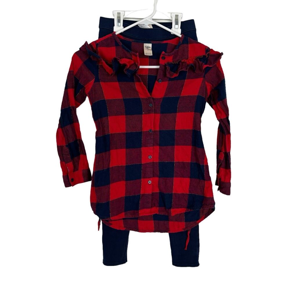 Oshkosh B'gosh Navy Red Plaid Button Down Belted Tunic and Leggings Girls 7